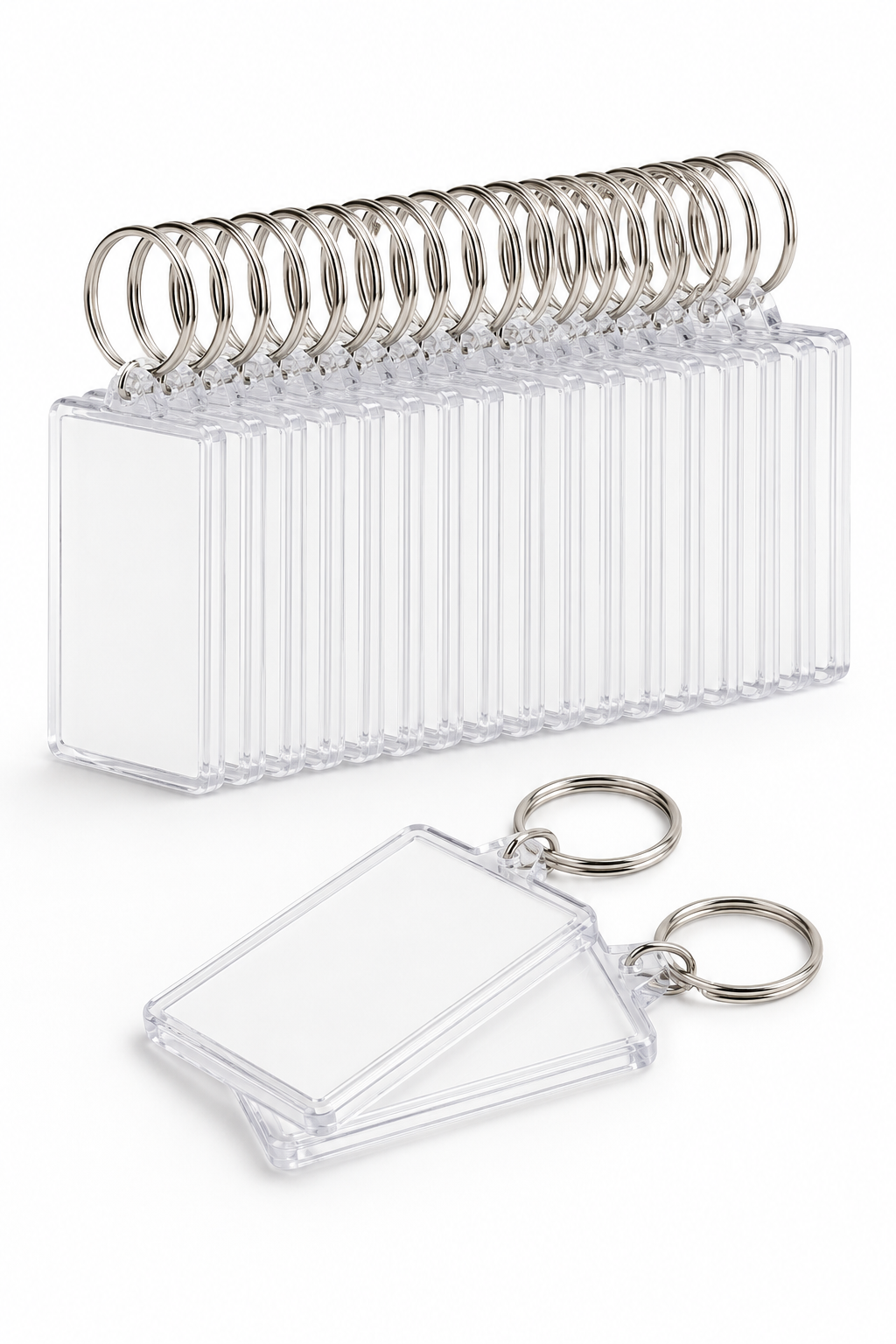 Pack of 50 blank clear rectangular photo keyrings with metal rings
